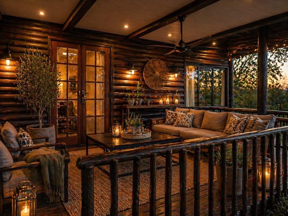 A warmly lit wooden deck at Umoya with comfortable seating and lanterns at sunset