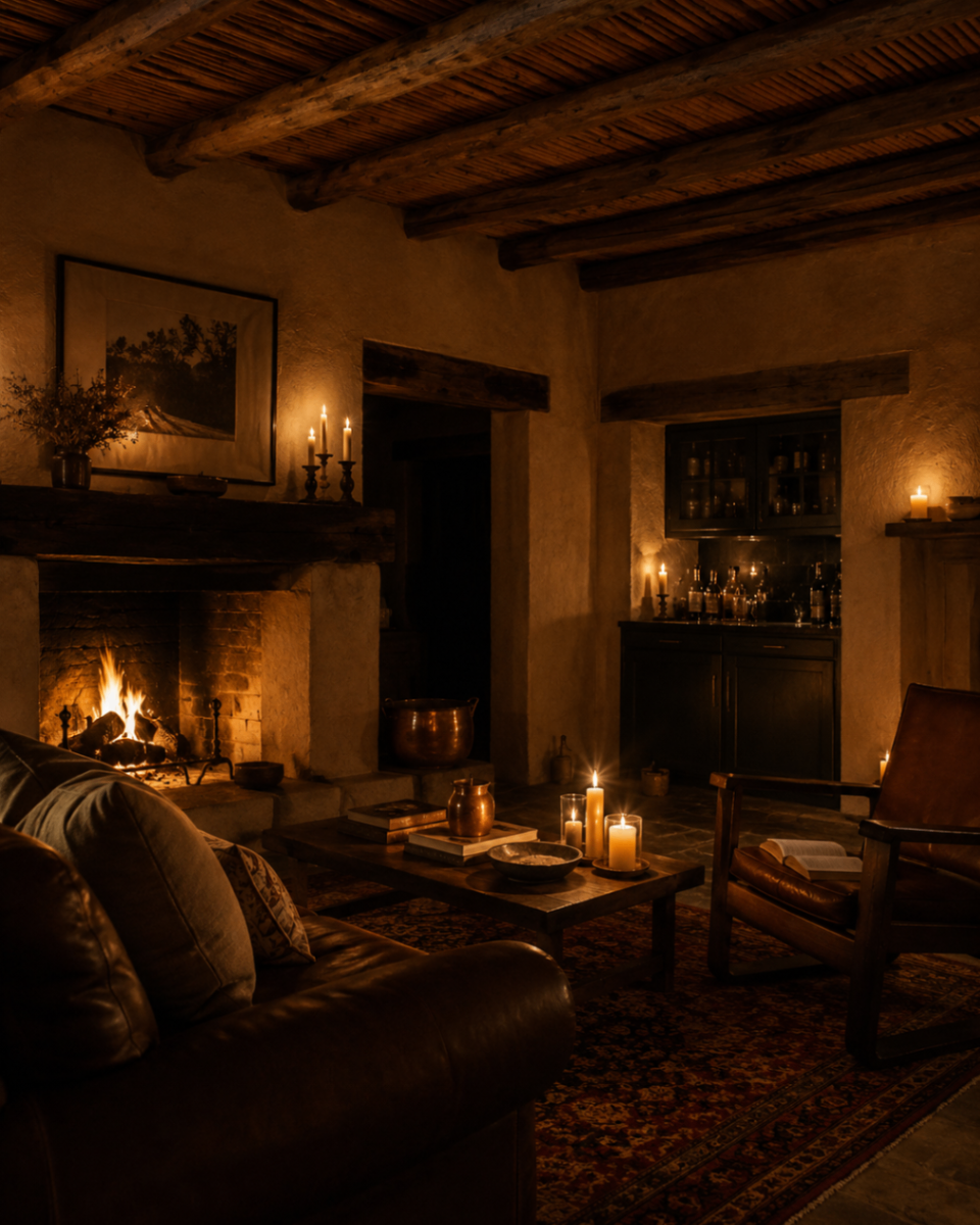Candlelit farmhouse interior with stone fireplace and leather armchair